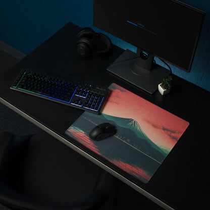 Cyberpunk Mount Fuji neon sunset gaming mouse pad with grid lines