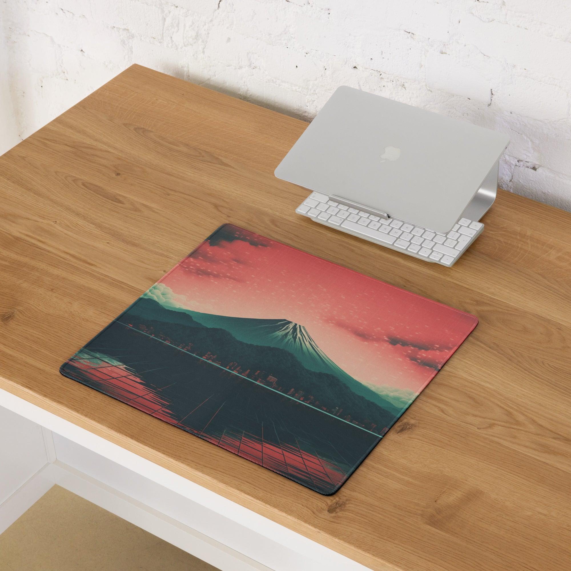 Cyberpunk Mount Fuji neon sunset gaming mouse pad with retro-futuristic design