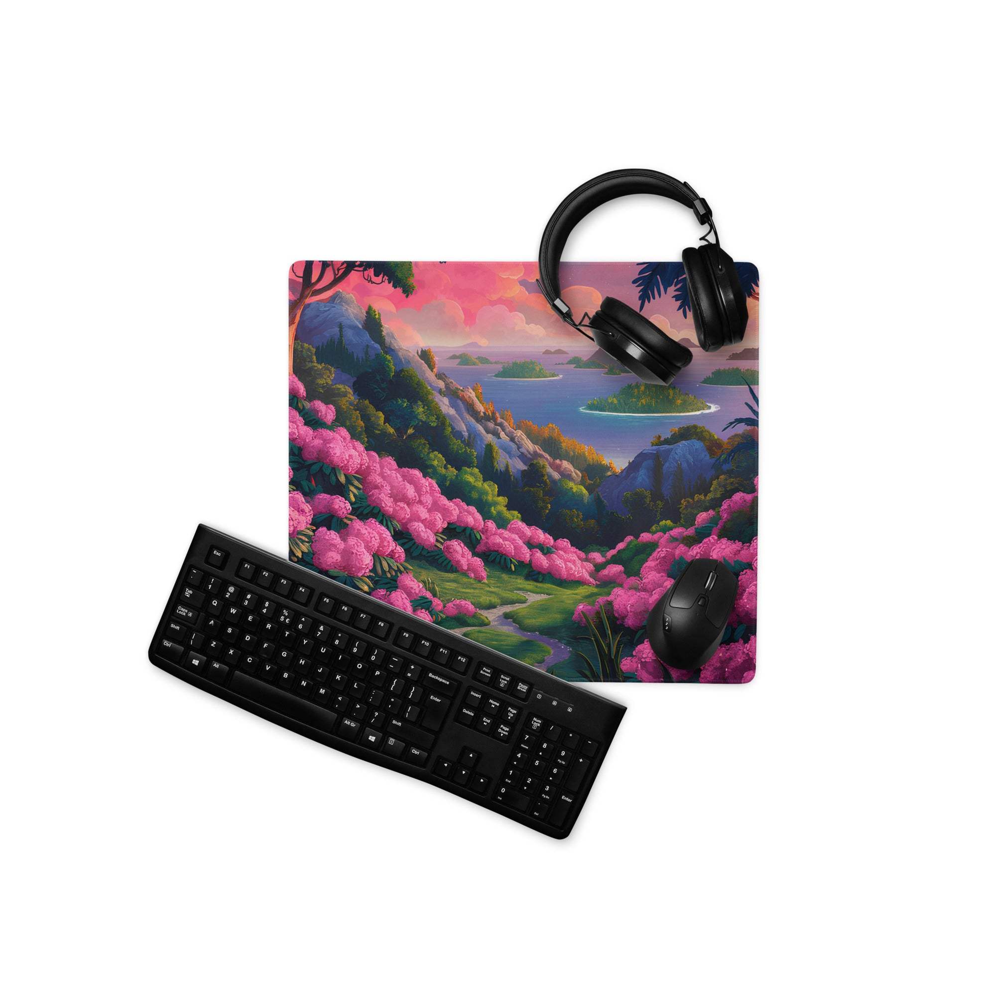 Black matte keyboard on vibrant floral landscape gaming mouse pad