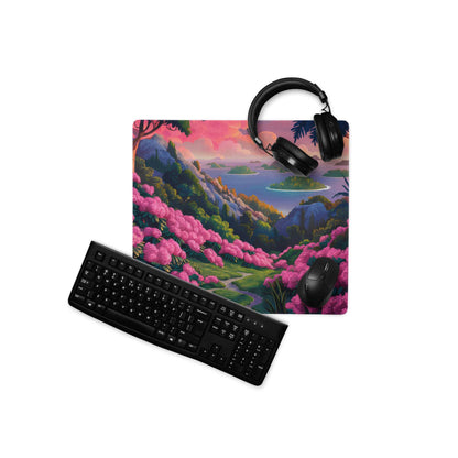 Black matte keyboard on vibrant floral landscape gaming mouse pad