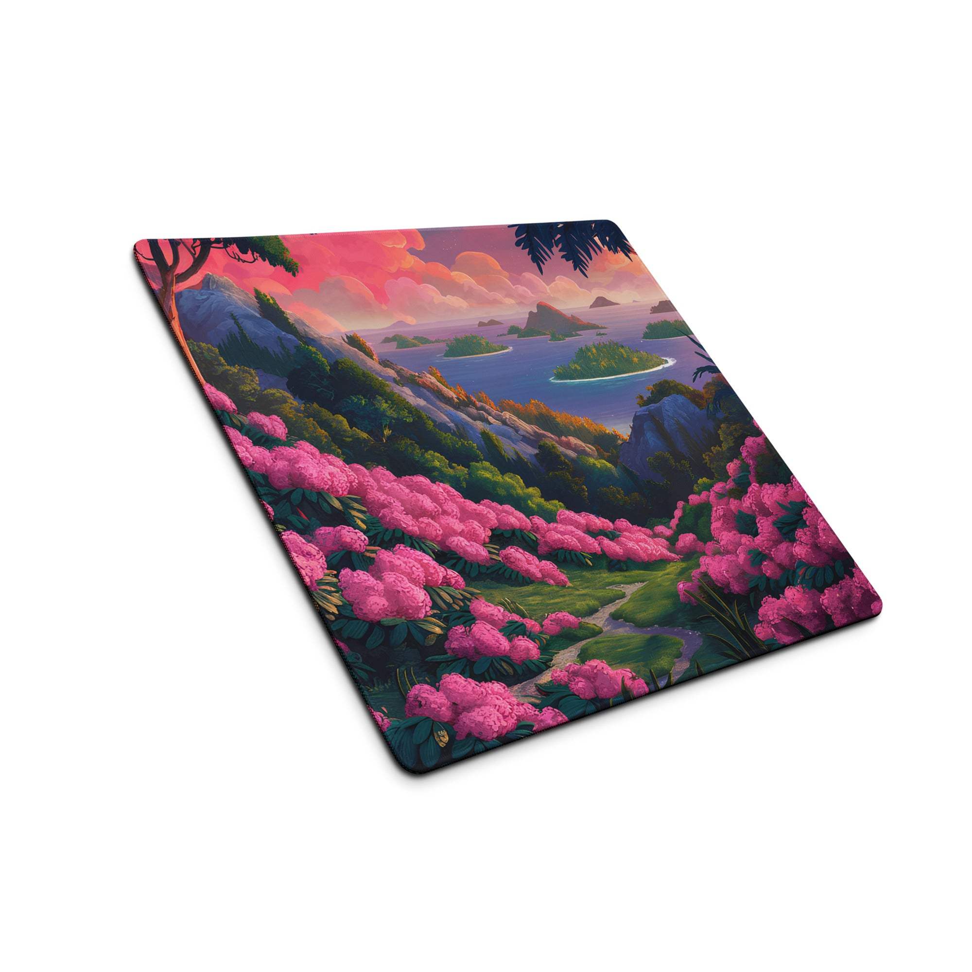 Vibrant pink floral bushes hills islands sunset gaming mouse pad