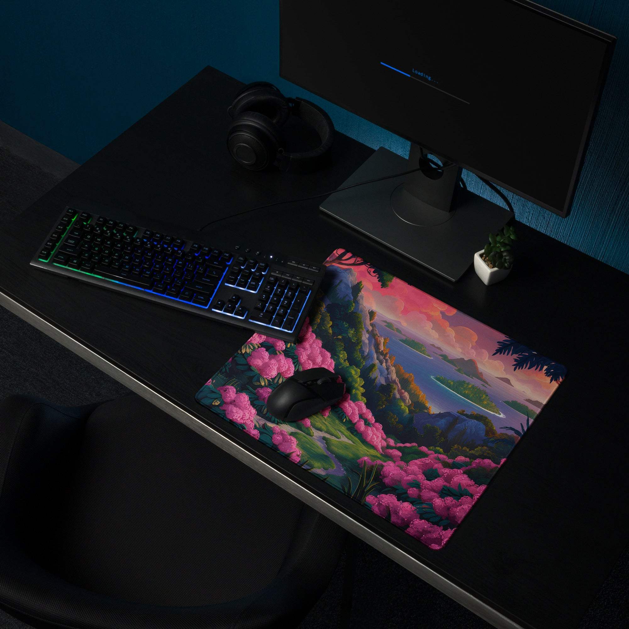 Vibrant pink green floral landscape mousepad with glossy sunset cliffs lake scene