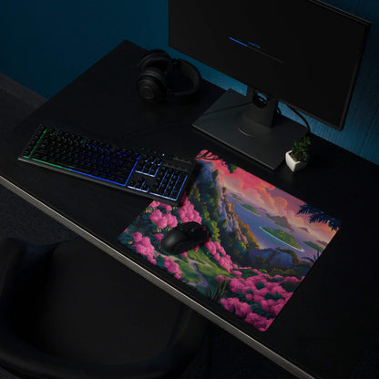 Vibrant pink green floral landscape mousepad with glossy sunset cliffs lake scene