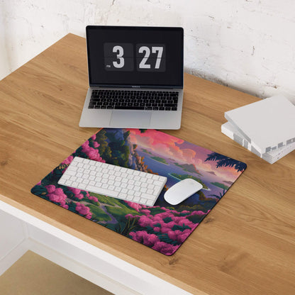 Vibrant pink green floral landscape gaming mousepad with lush hills sunset island view