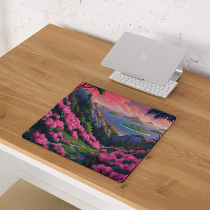 Vibrant pink floral landscape gaming mouse pad with lush hills, mountains, ocean, colorful sunset