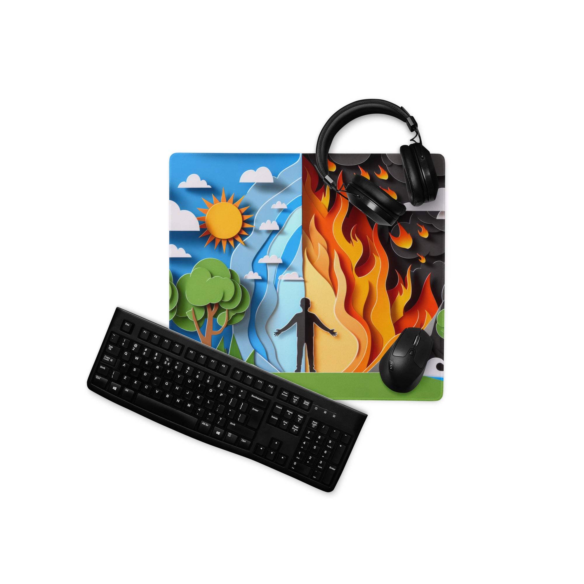 Papercraft nature and fire duel gaming mouse pad with sky trees and flames