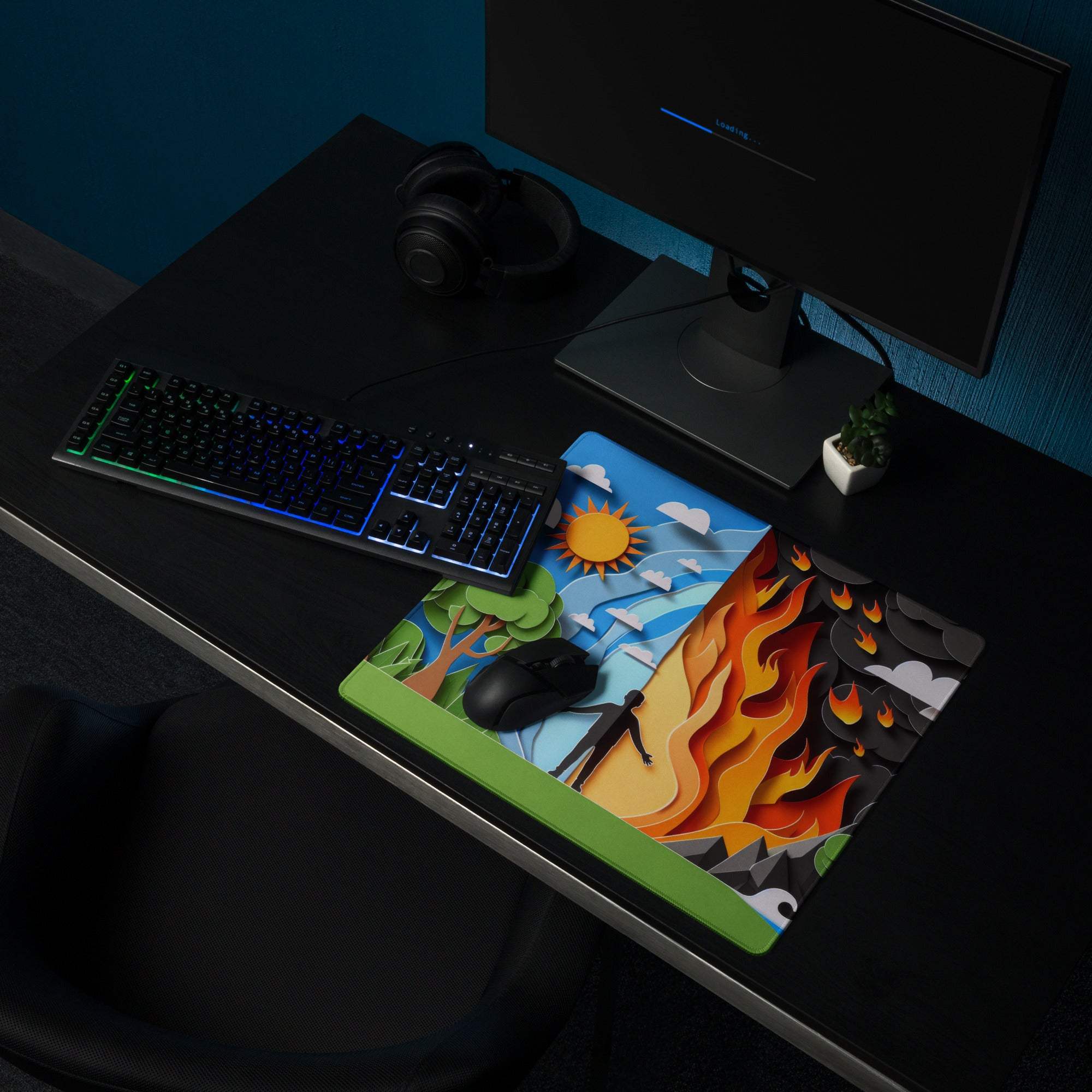 Papercraft Nature And Fire Duel gaming mouse pad with day-night split design