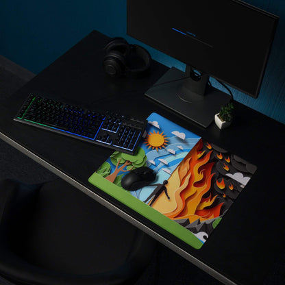 Papercraft Nature And Fire Duel gaming mouse pad with day-night split design