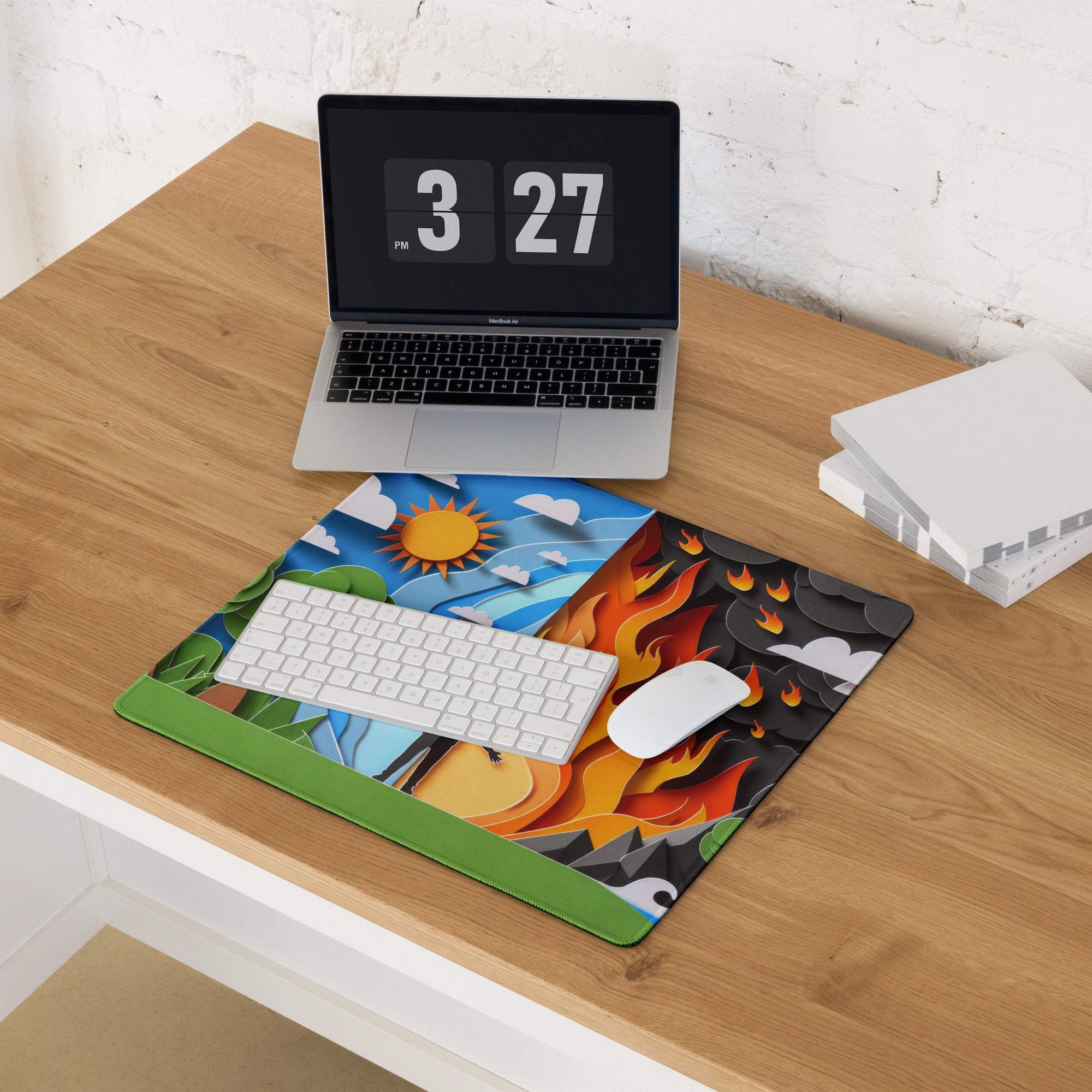 Papercraft nature and fire duel dual-tone gaming mouse pad with sky and flames