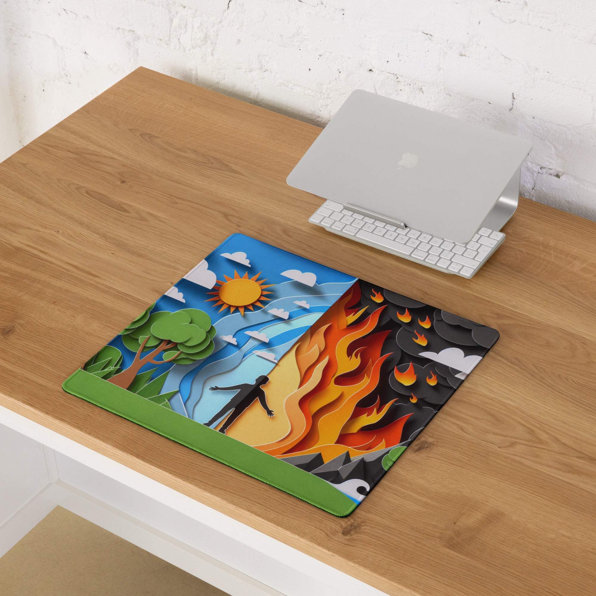 Papercraft nature and fire duel gaming mouse pad in vibrant dual tones