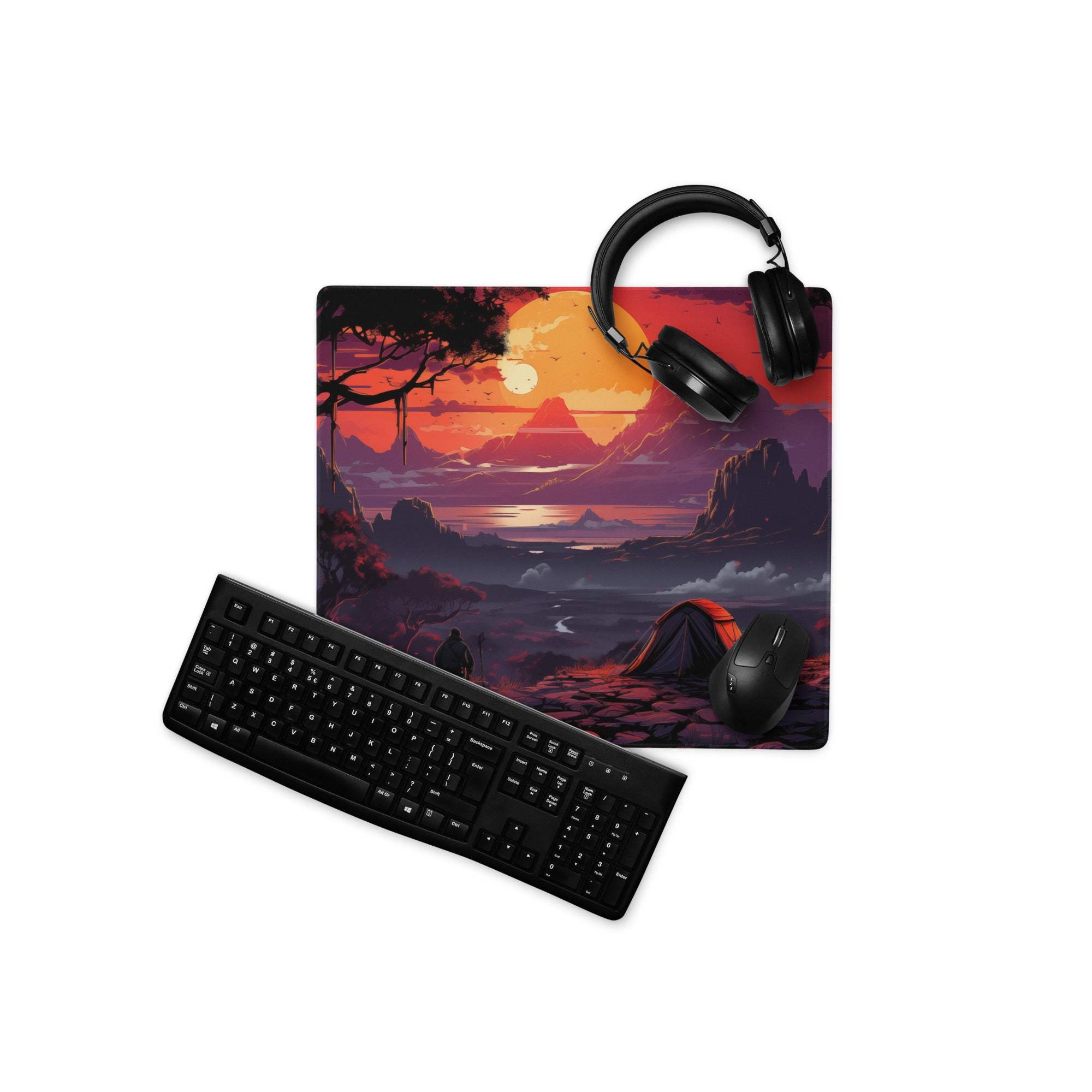 Black matte finish keyboard on stylized sunset gaming mouse pad