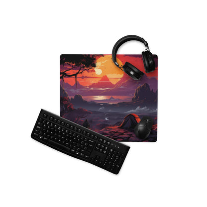 Black matte finish keyboard on stylized sunset gaming mouse pad
