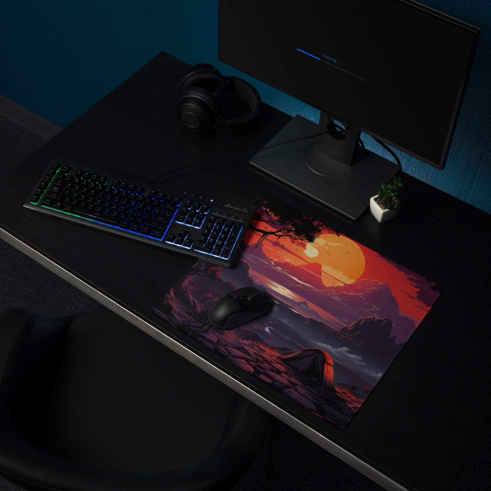 Stylized sunset landscape gaming mouse pad with large size and non-slip backing