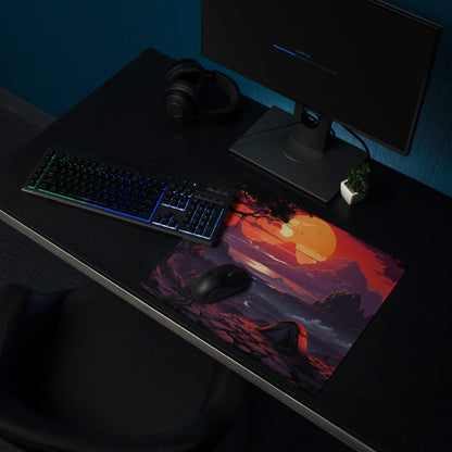 Stylized sunset landscape gaming mouse pad with large size and non-slip backing
