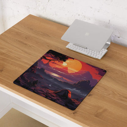 Stylized sunset gaming mouse pad with orange sun, trees, non-slip backing