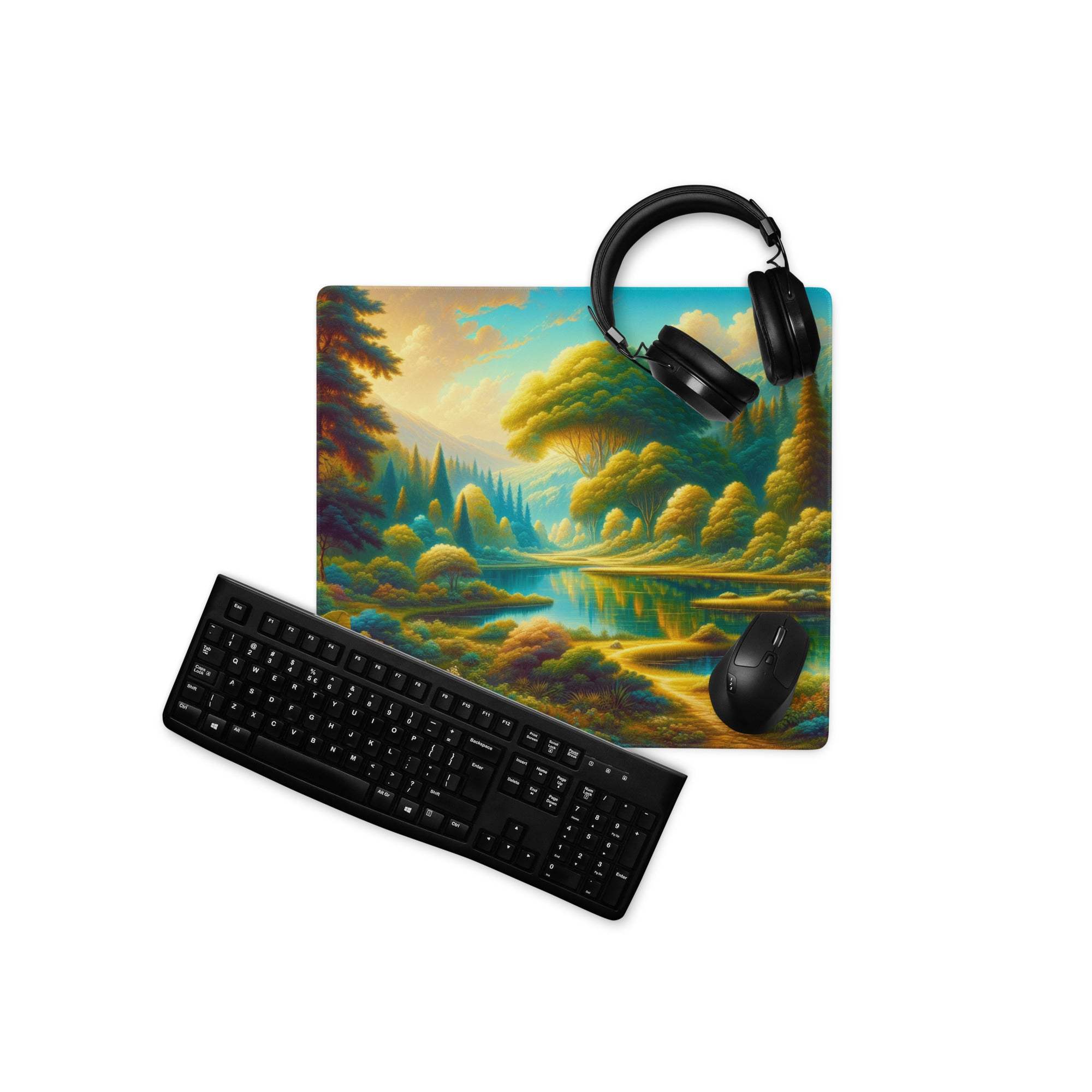 Black gaming headset on Epic Forest Landscape mouse pad with non-slip stitching