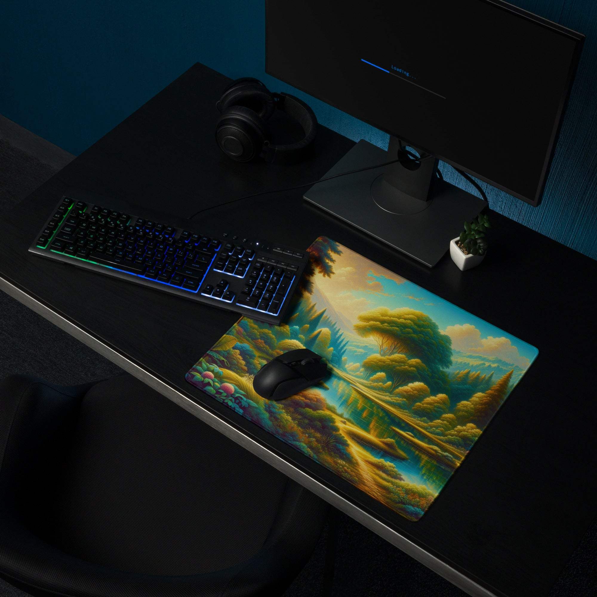 Epic Forest large gaming mouse pad with vibrant lush green trees, golden paths, colorful mushrooms, non-slip bottom, edge stitching