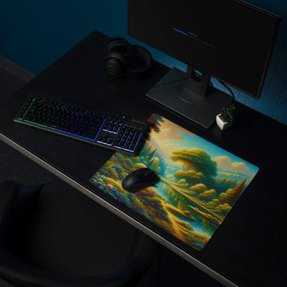 Epic Forest large gaming mouse pad with vibrant lush green trees, golden paths, colorful mushrooms, non-slip bottom, edge stitching