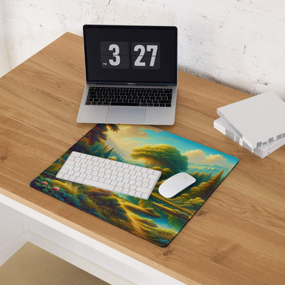 Epic Forest Landscape large gaming mouse pad with vibrant greens, blues, golds, non-slip bottom, edge stitching