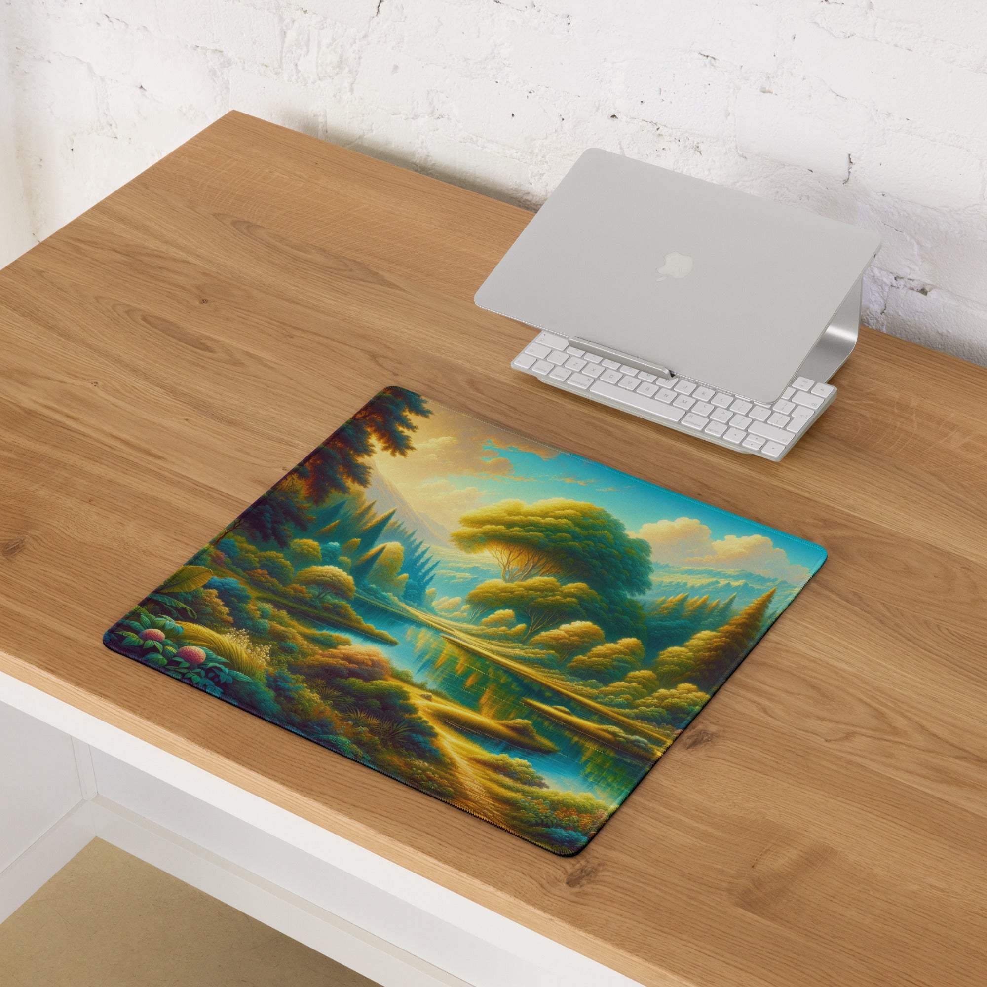 Epic Forest Landscape large gaming mouse pad with lush green trees, vibrant colors, non-slip bottom, edge stitching
