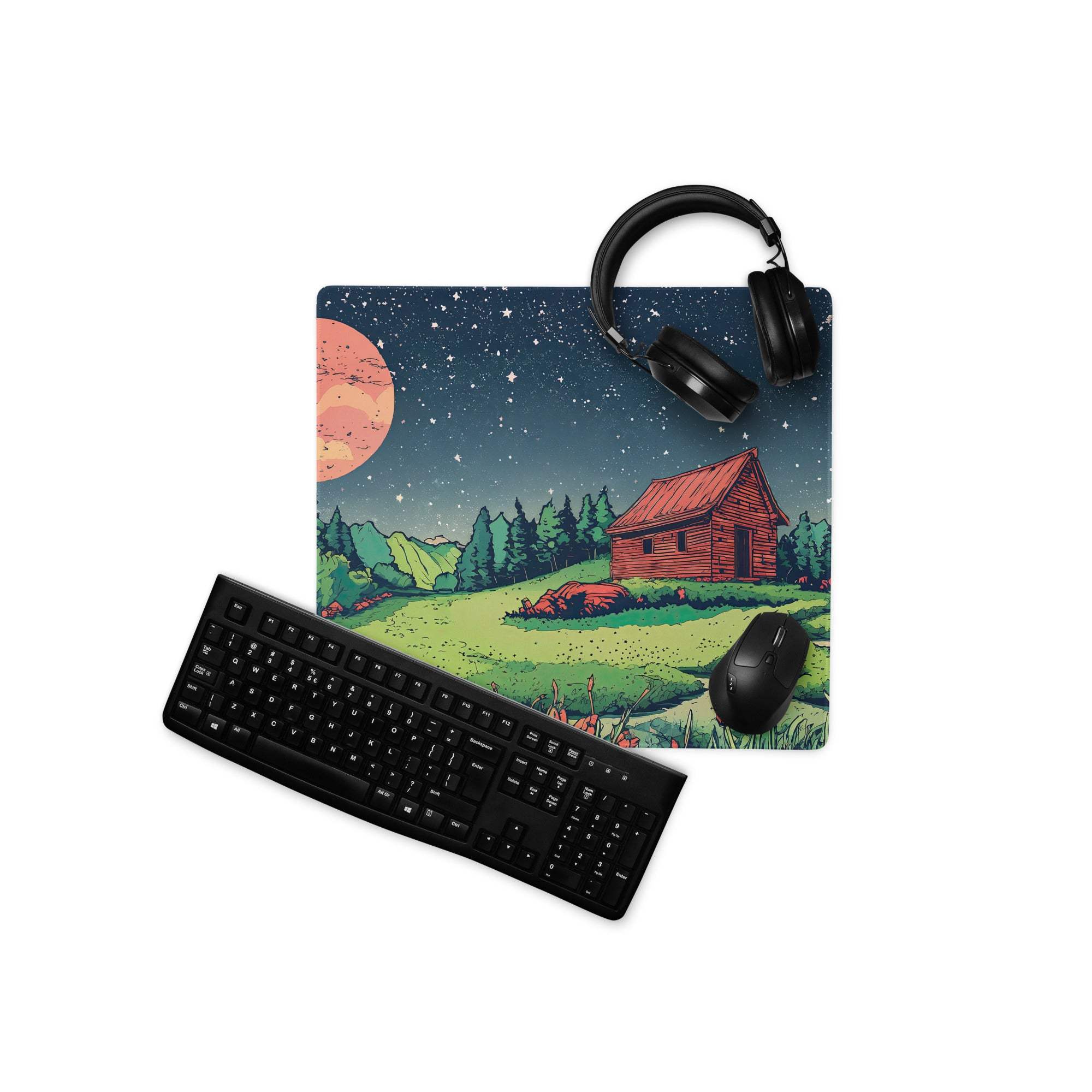 Large gaming mouse pad with night sky cabin scene, headphones, keyboard