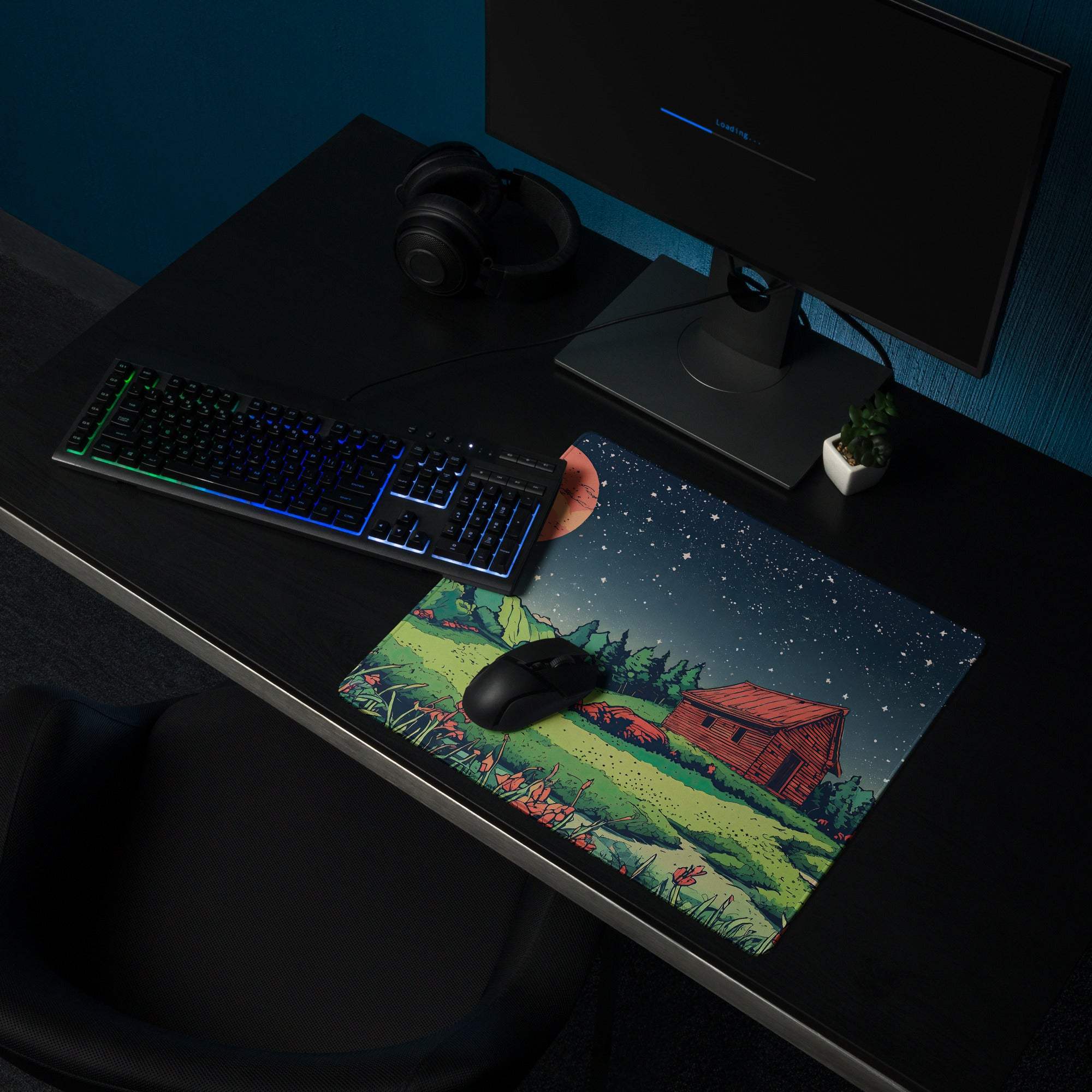 Large gaming mouse pad with non-slip base, red-roofed cabin under starry sky