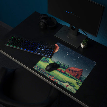 Large gaming mouse pad with non-slip base, red-roofed cabin under starry sky