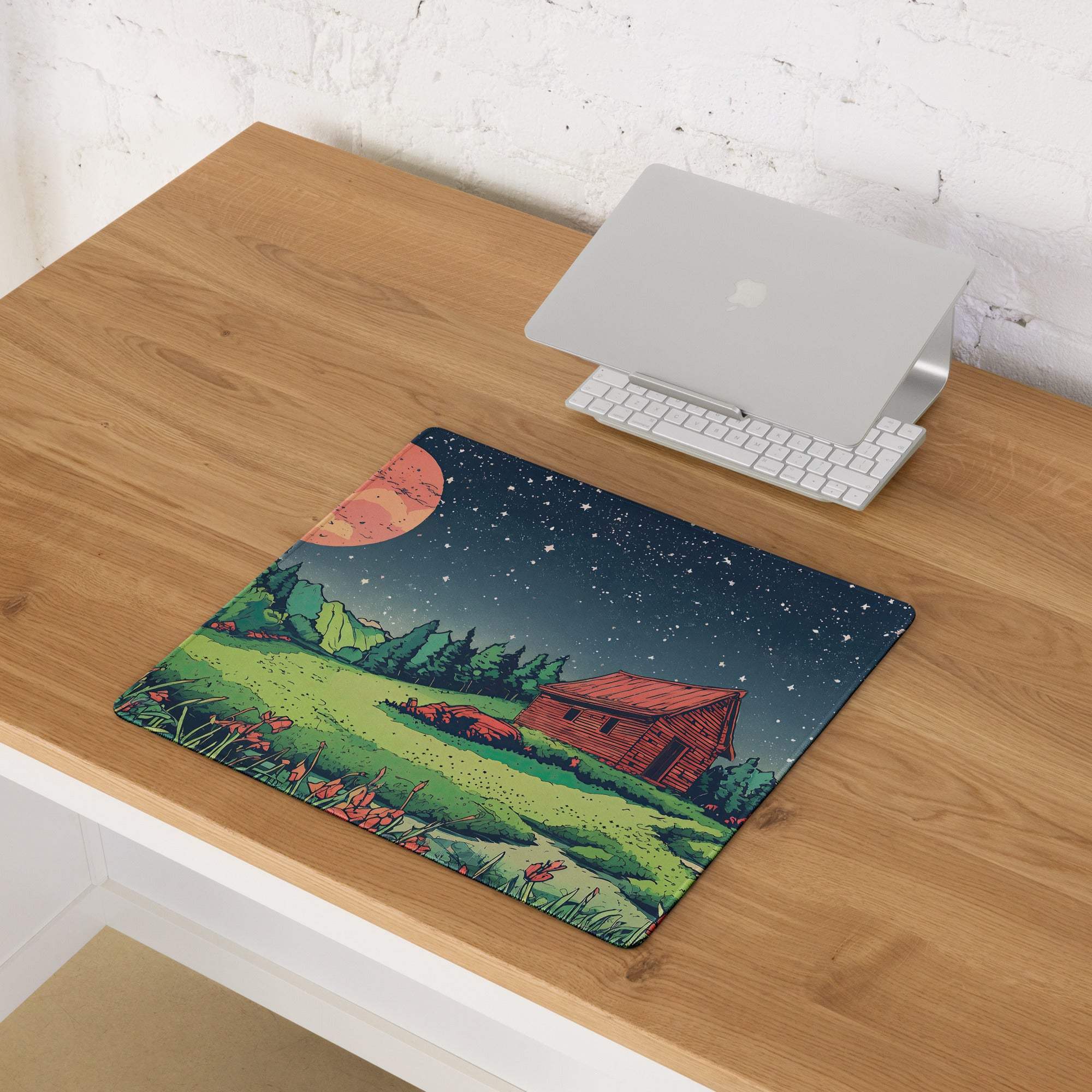Large gaming mouse pad with non-slip base, night sky cabin landscape