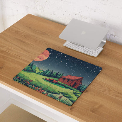 Large gaming mouse pad with non-slip base, night sky cabin landscape