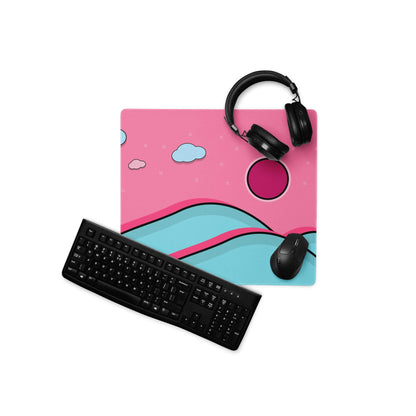 Pink cartoon mousepad with blue waves clouds and non-slip backing