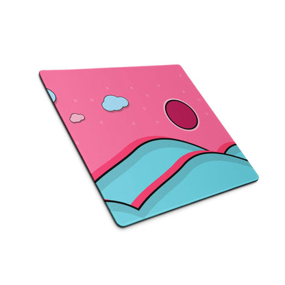 Pink and teal cartoon landscape gaming mouse pad with magenta sun and non-slip backing