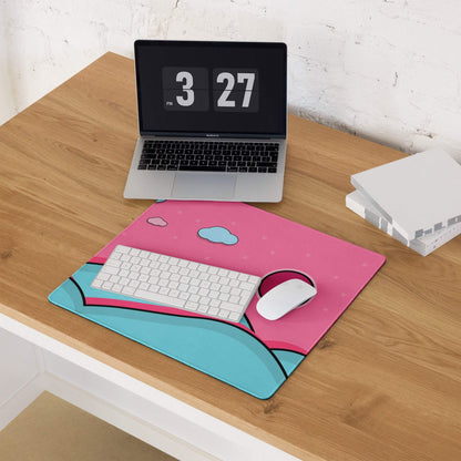 Pink and teal cartoon cloud mousepad with non-slip backing and stitching