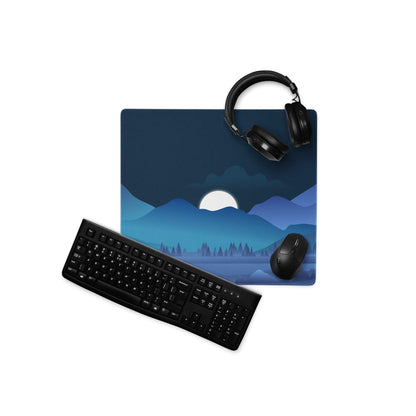 Blue night mountain gaming mousepad with moon, pines, headphones
