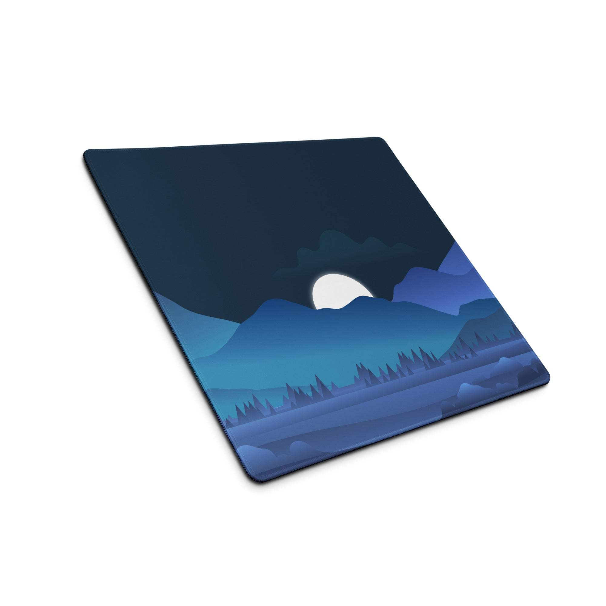 Blue night mountain landscape gaming mouse pad with moon and trees