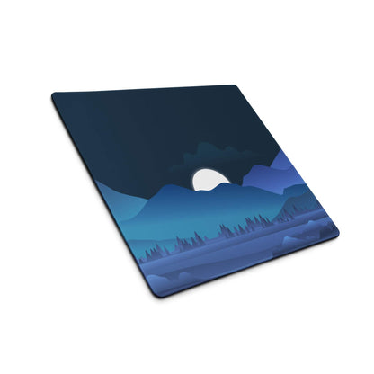 Blue night mountain landscape gaming mouse pad with moon and trees