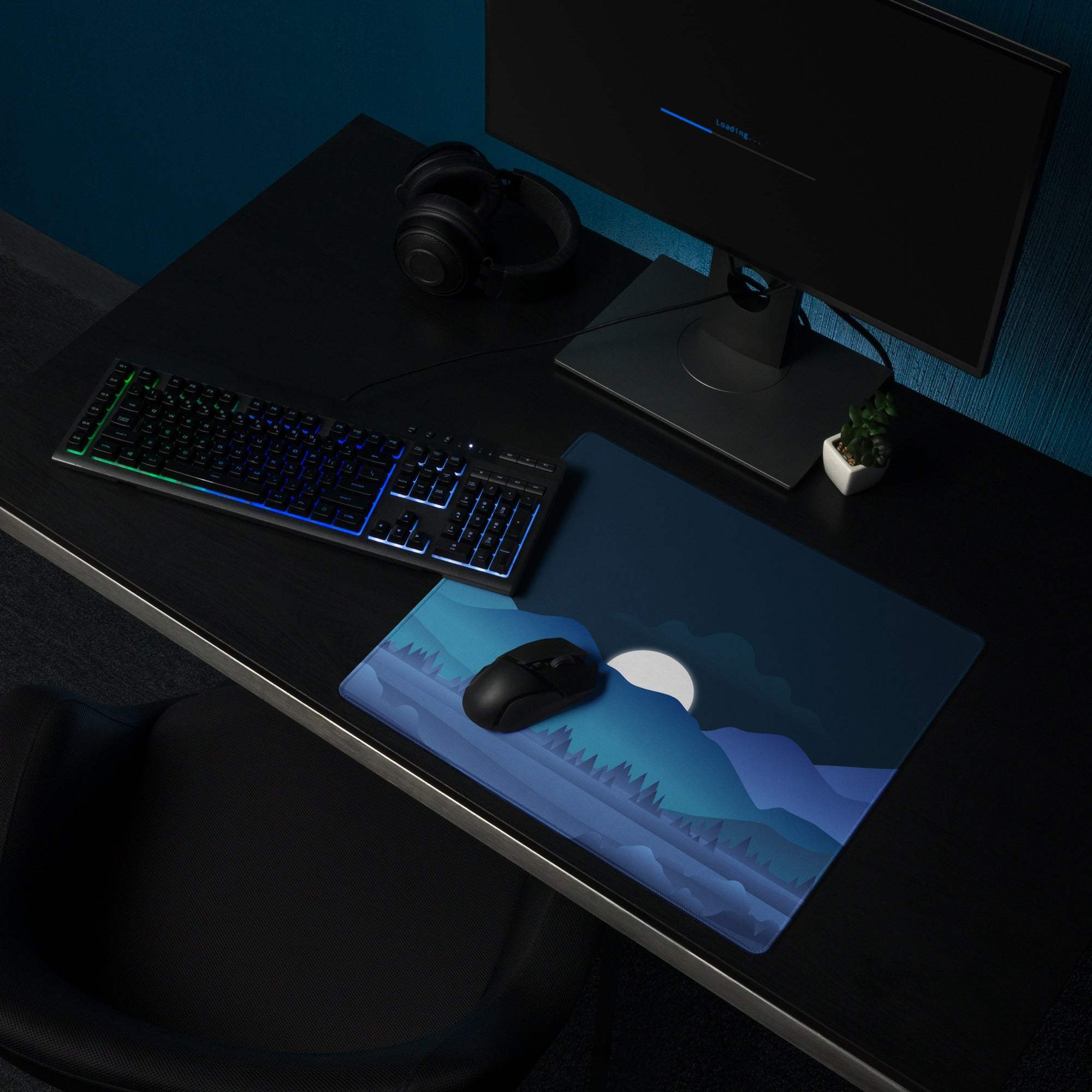 Blue night mountain landscape gaming mouse pad with full moon and non-slip base