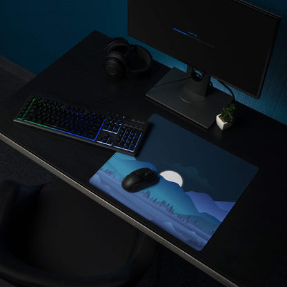 Blue night mountain landscape gaming mouse pad with full moon and non-slip base