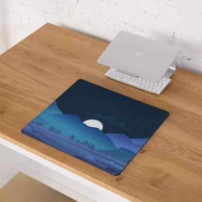 Blue night mountain landscape gaming mouse pad with white moon and layered blue hills