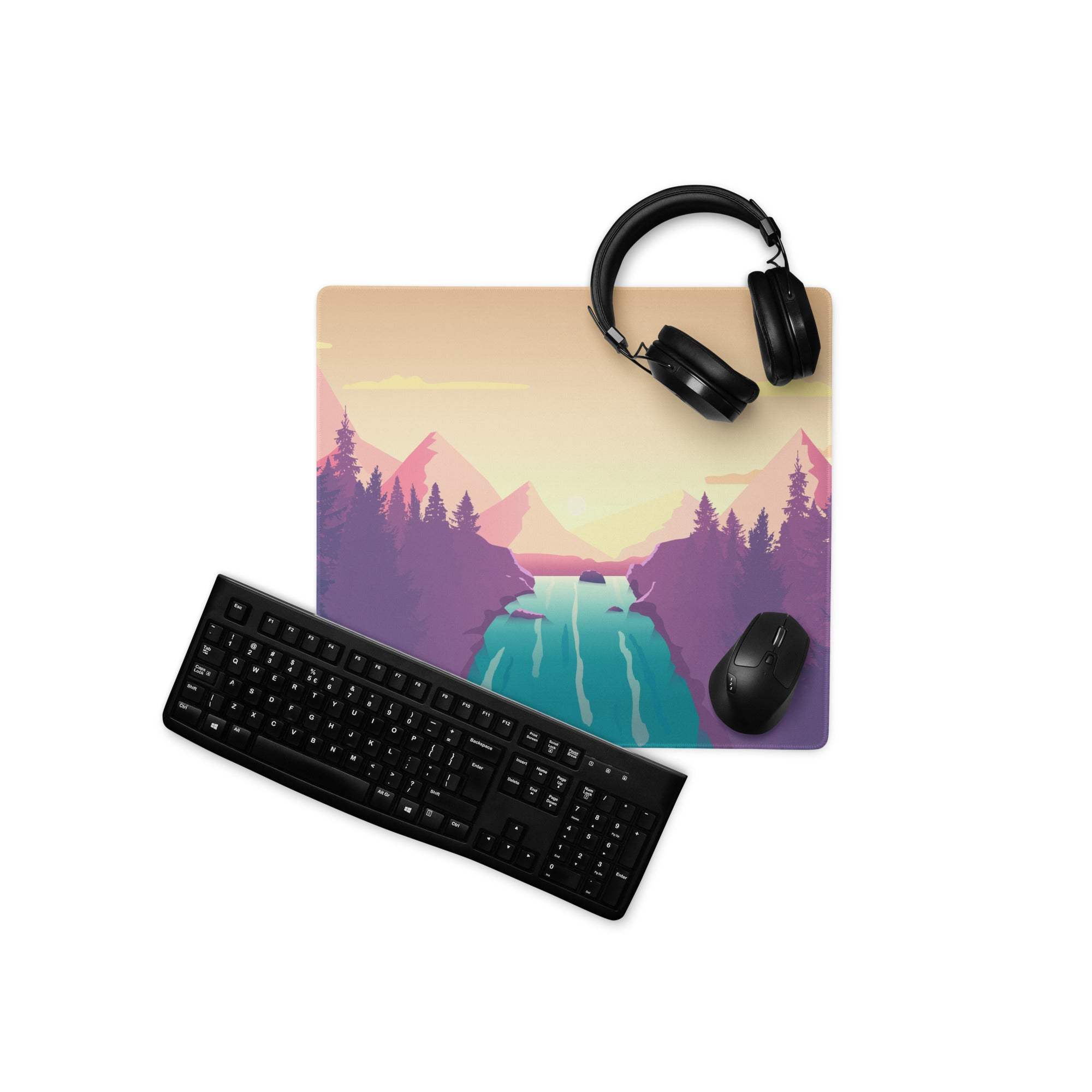 Vibrant sunset mountain landscape gaming mouse pad with extended size