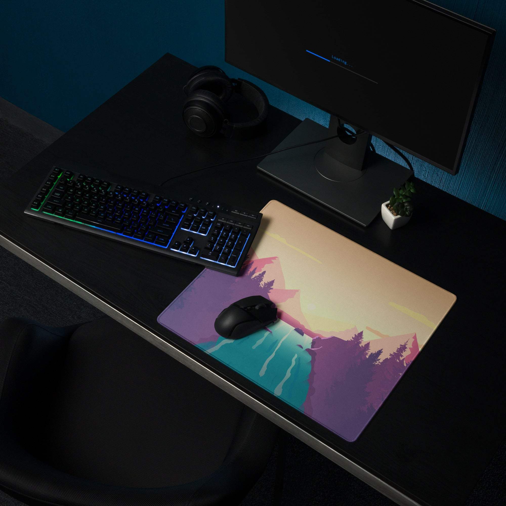 Vibrant sunset mountain gaming mouse pad with large size and non-slip backing