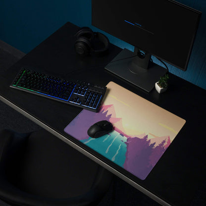 Vibrant sunset mountain gaming mouse pad with large size and non-slip backing