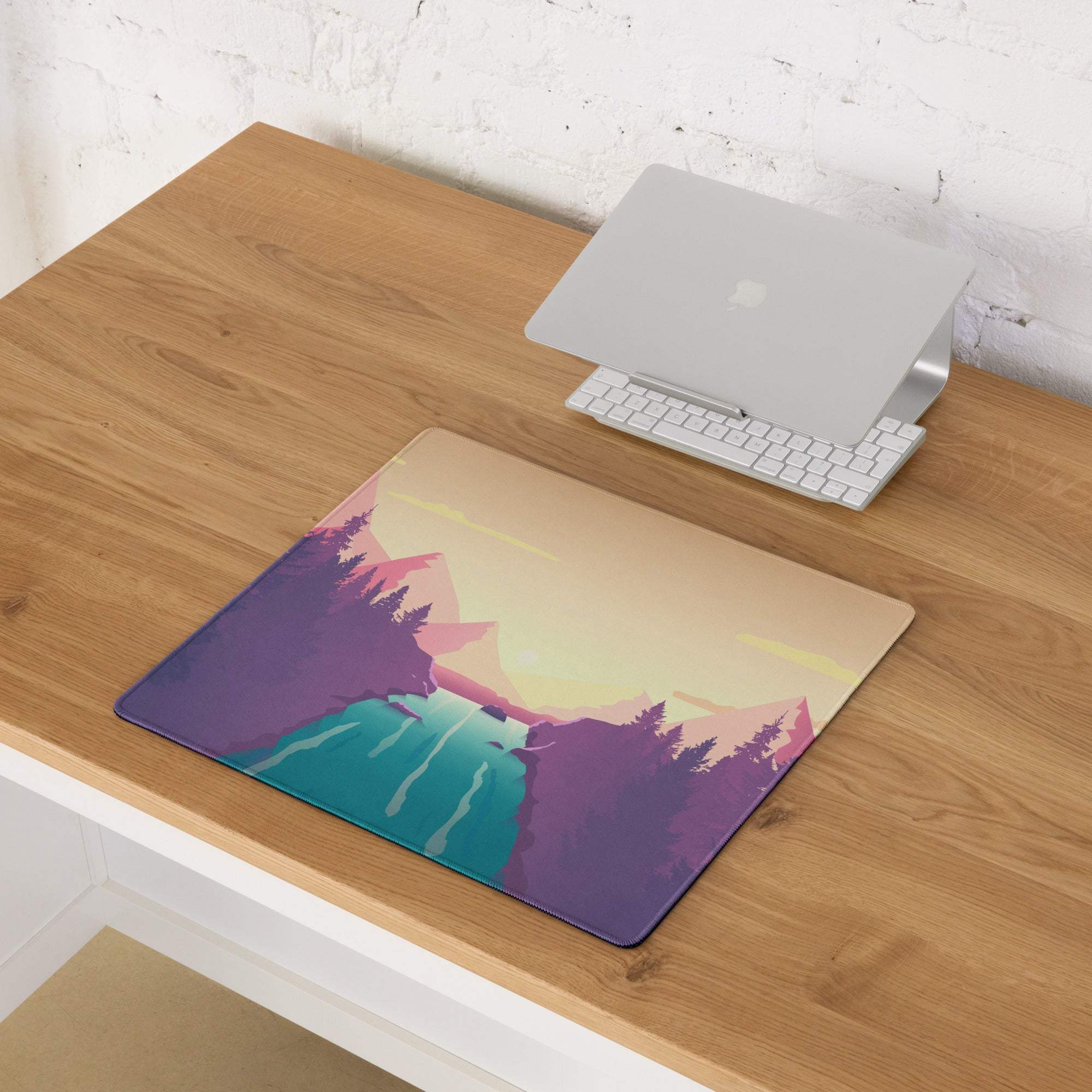 Vibrant purple teal peach sunset mountain laptop sleeve back