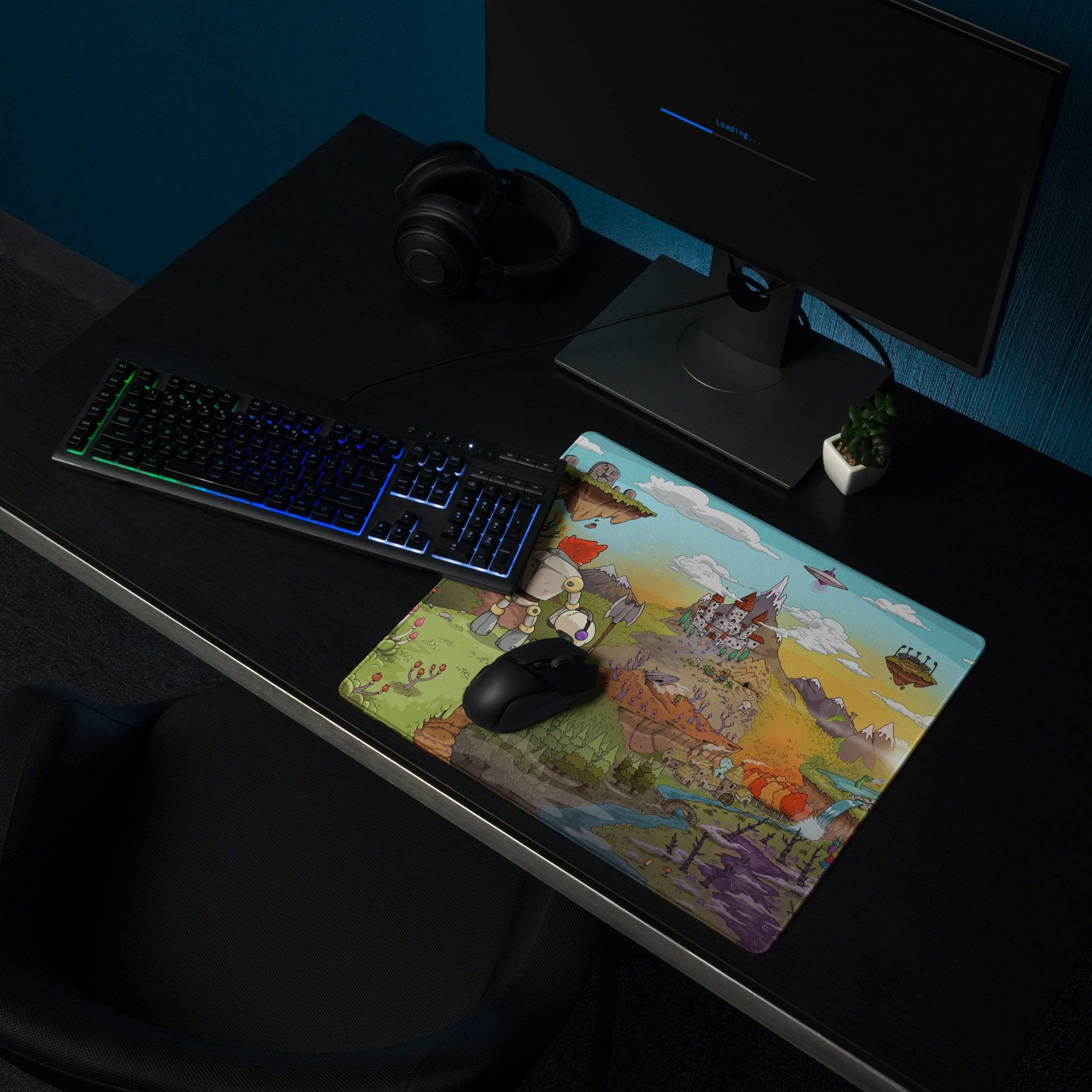 Colorful fantasy landscape gaming mouse pad with castles, characters, ships