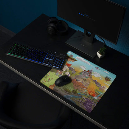 Colorful fantasy landscape gaming mouse pad with castles, characters, ships