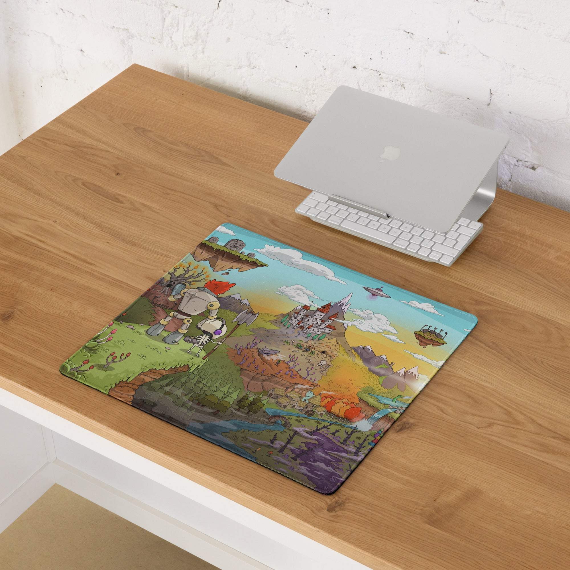 Colorful fantasy landscape gaming mouse pad with mountains and castles