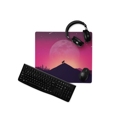 Purple sunset mouse pad with moonlit wolf on mountain peak