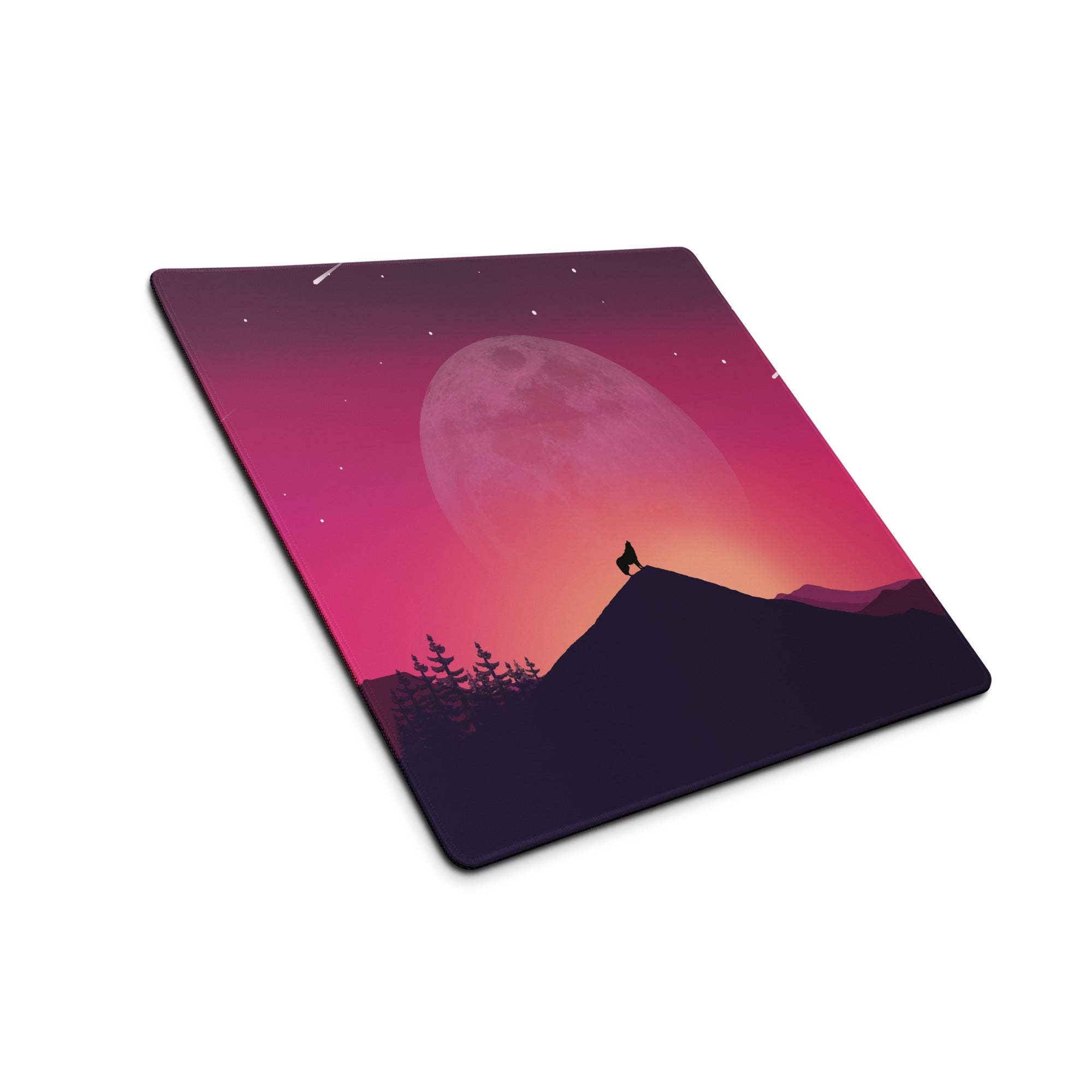 Atmospheric moonlit wolf landscape purple gaming mouse pad with starry peak figure