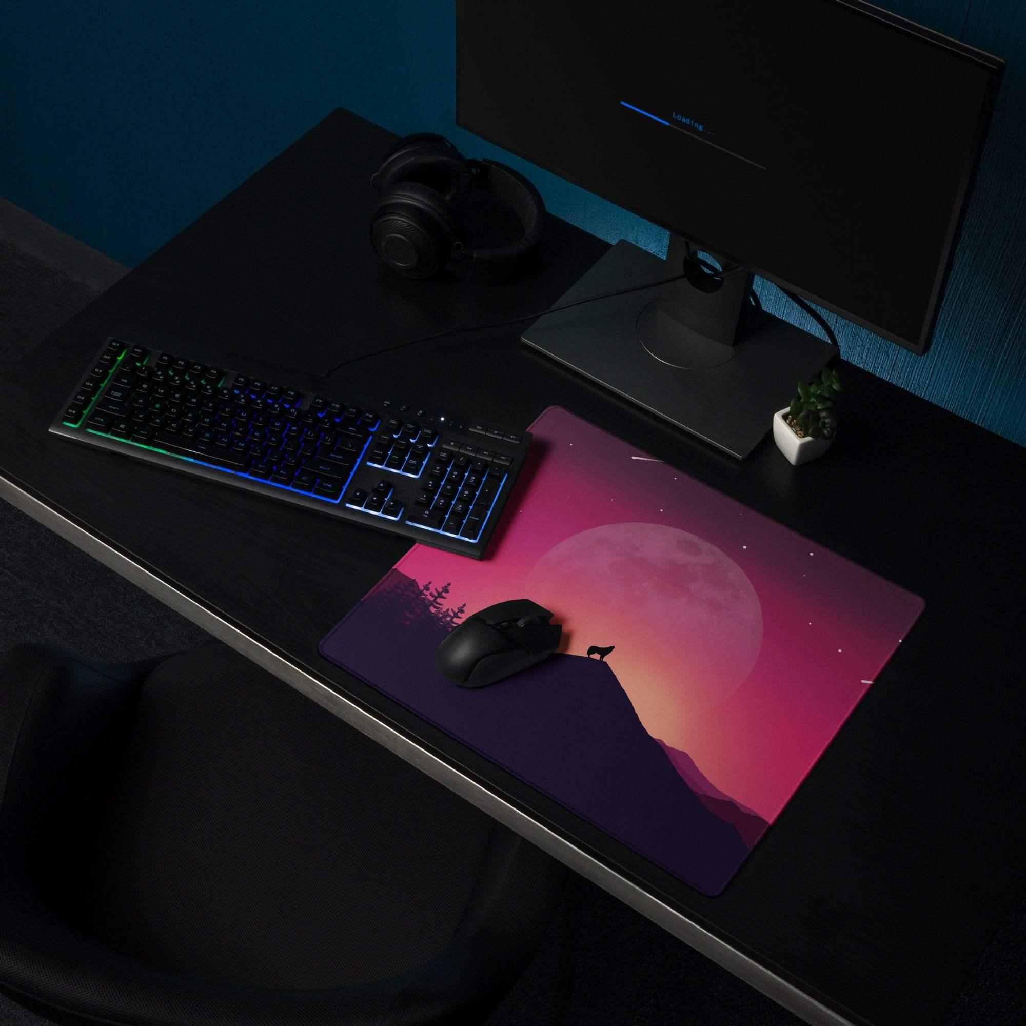 Atmospheric moonlit wolf landscape purple sunset gaming mouse pad