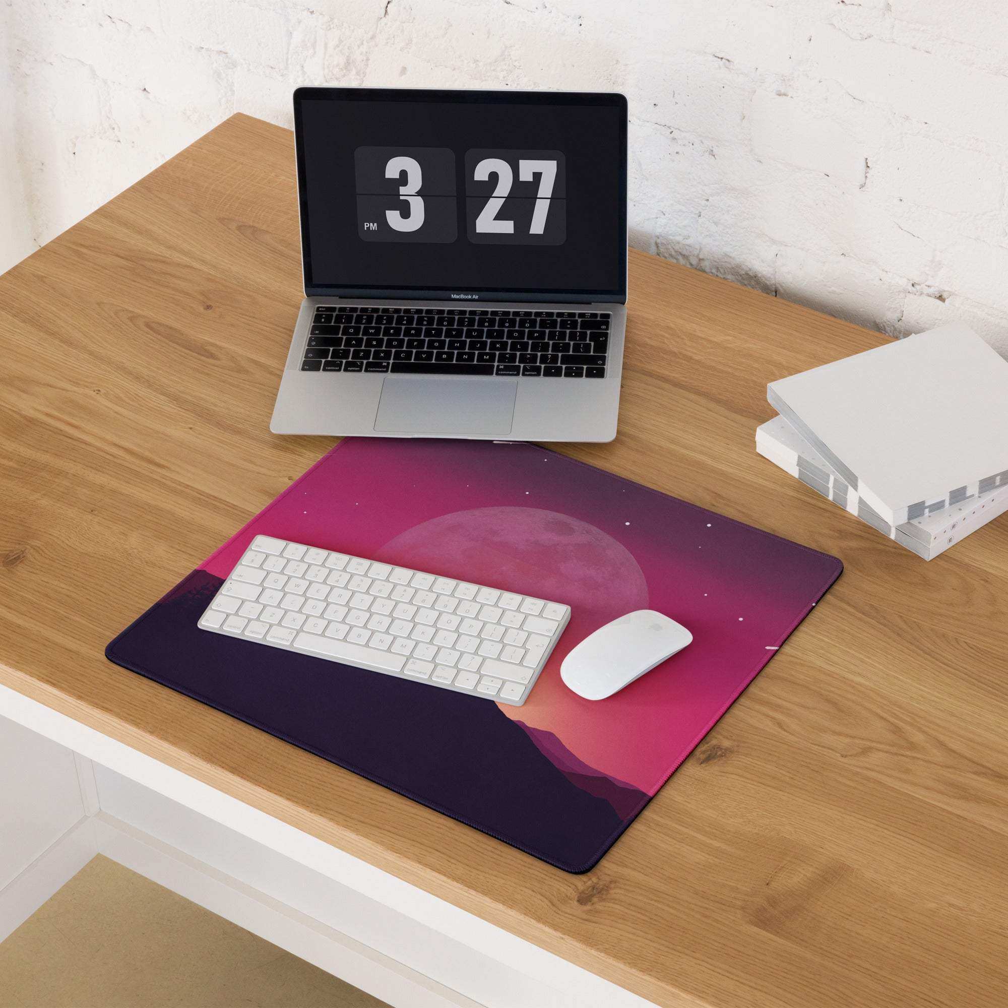 Vibrant purple sunset moonlit wolf landscape gaming mousepad with non-slip base
