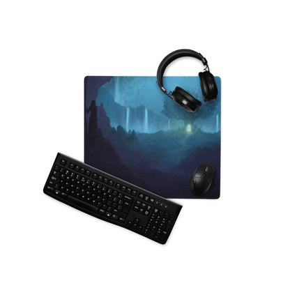 Blue fantasy landscape gaming mouse pad with silhouette glow, large stitched edges